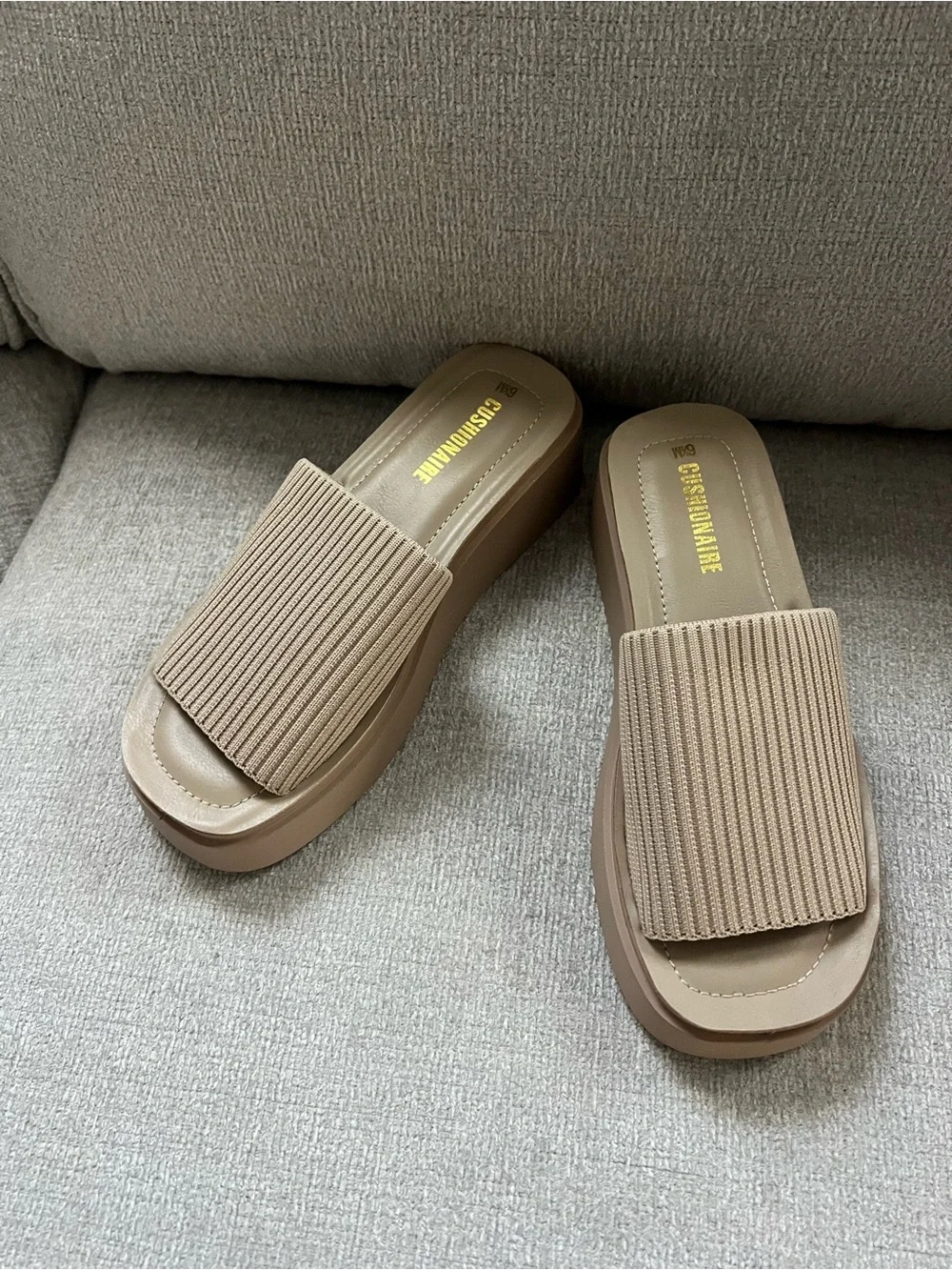 Ribbed Platform Slide Sandals in Tan